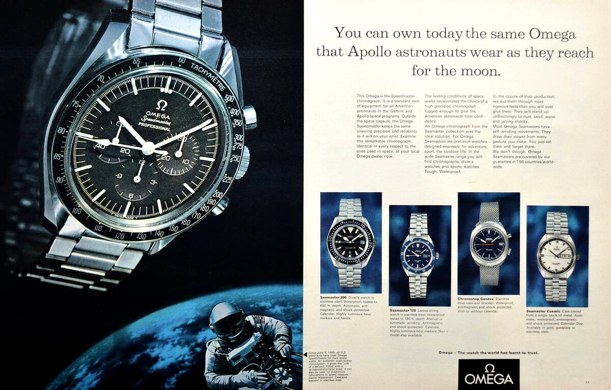 Publicité de 1969 pour l’Omega Speedmaster Professional, vantant son rôle de montre portée par les astronautes d’Apollo – Crédit : DC Vintage Watches