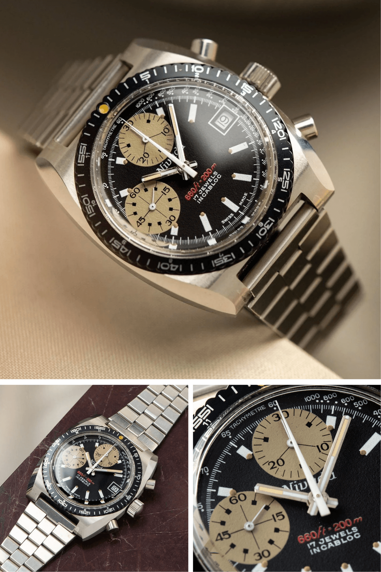 Prototype Chronosport des années 1970 avec cadran noir et sous-cadrans beiges, jamais commercialisé en série