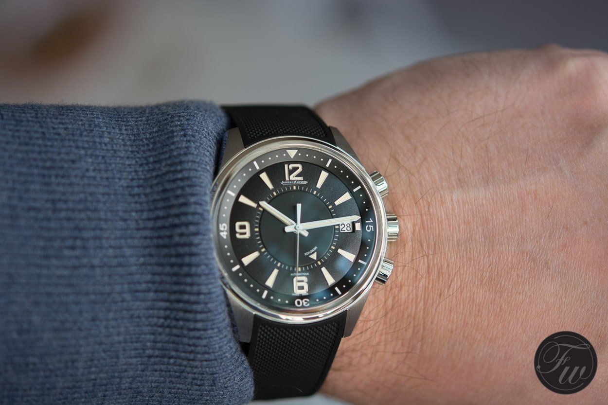 Modern Polaris Memovox on wrist, dark grey dial, 3 crowns