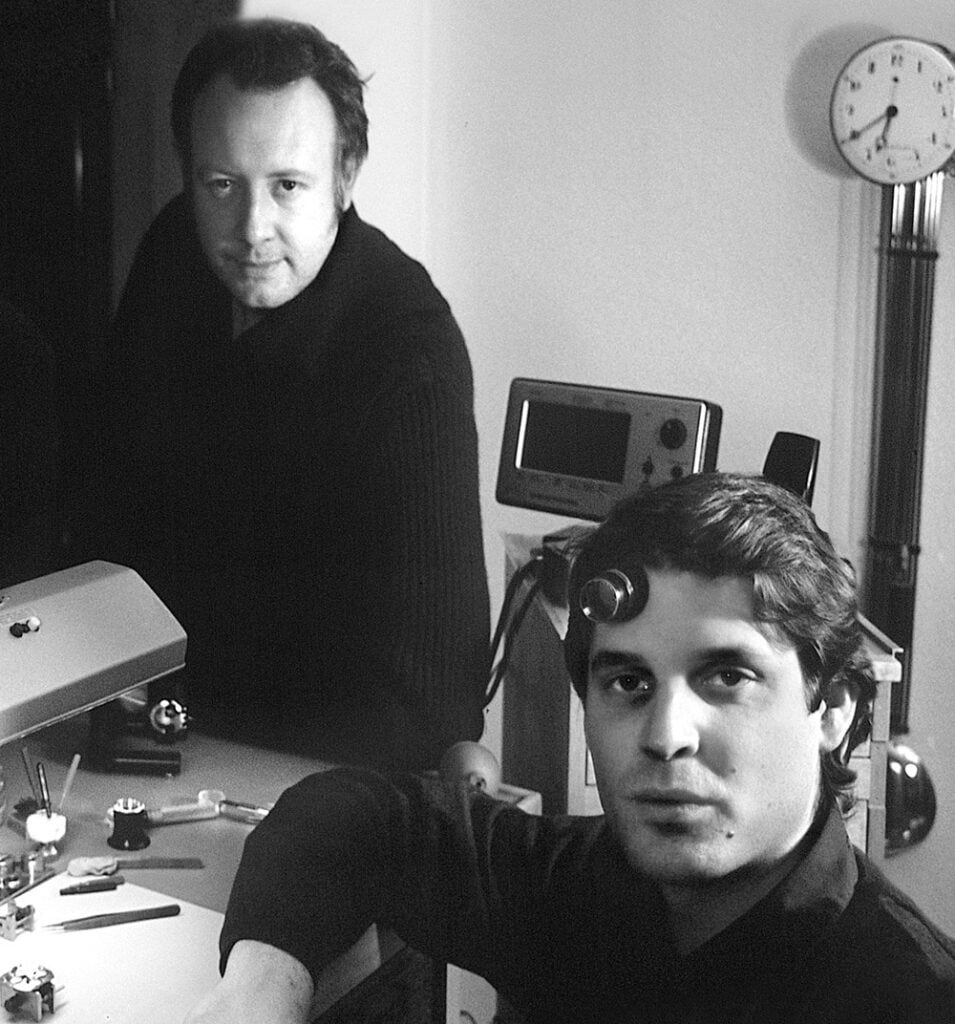 Felix Baumgartner & Martin Frei in the Urwerk workshop, 1997