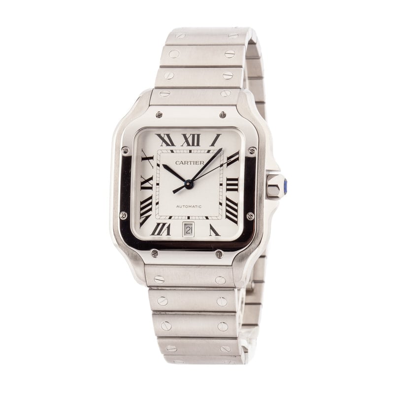 Cartier Santos de Cartier grand modèle (réf. WSSA0018) en acier, cadran opalin à chiffres romains et bracelet acier à vis apparentes.