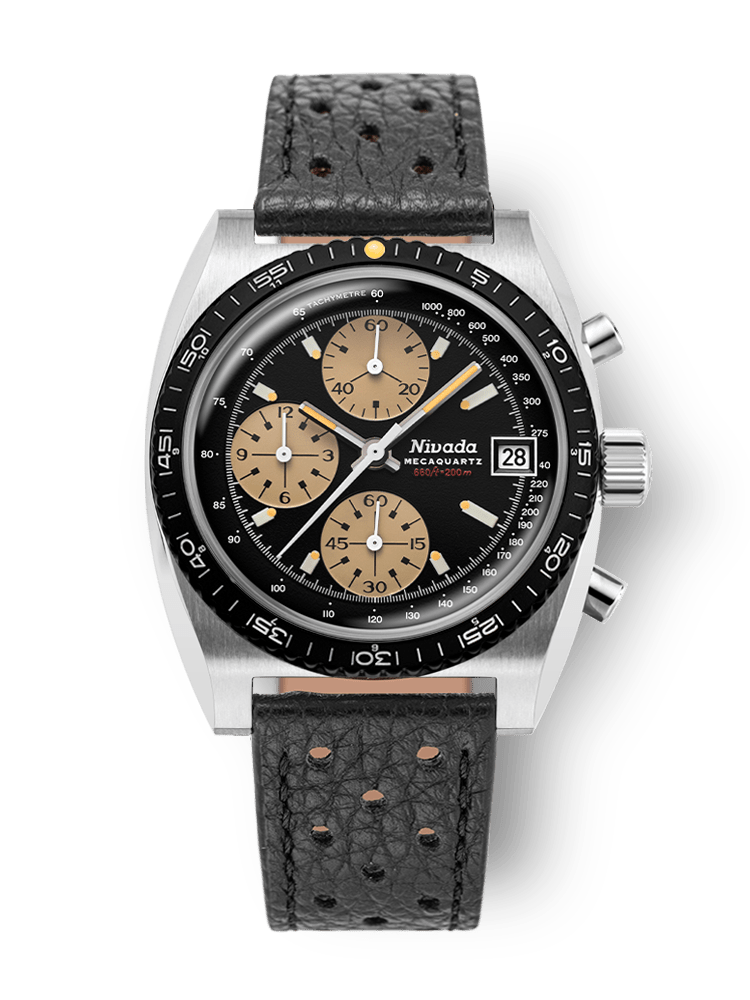 Cadran bicompax de la Chronosport mécaquartz édition lume jaune, avec compteurs taupe à 9h et 12h, et datier à 3h