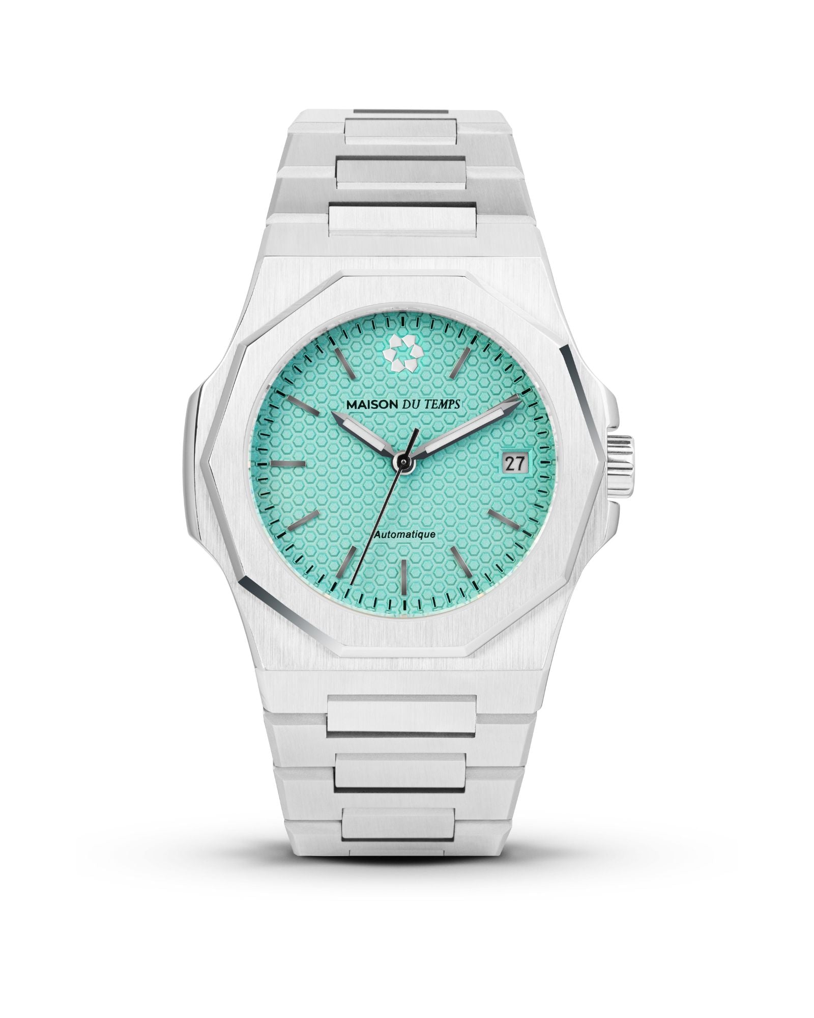 Vue de face de la MTZETA Turquoise, montre automatique sportive à cadran turquoise.