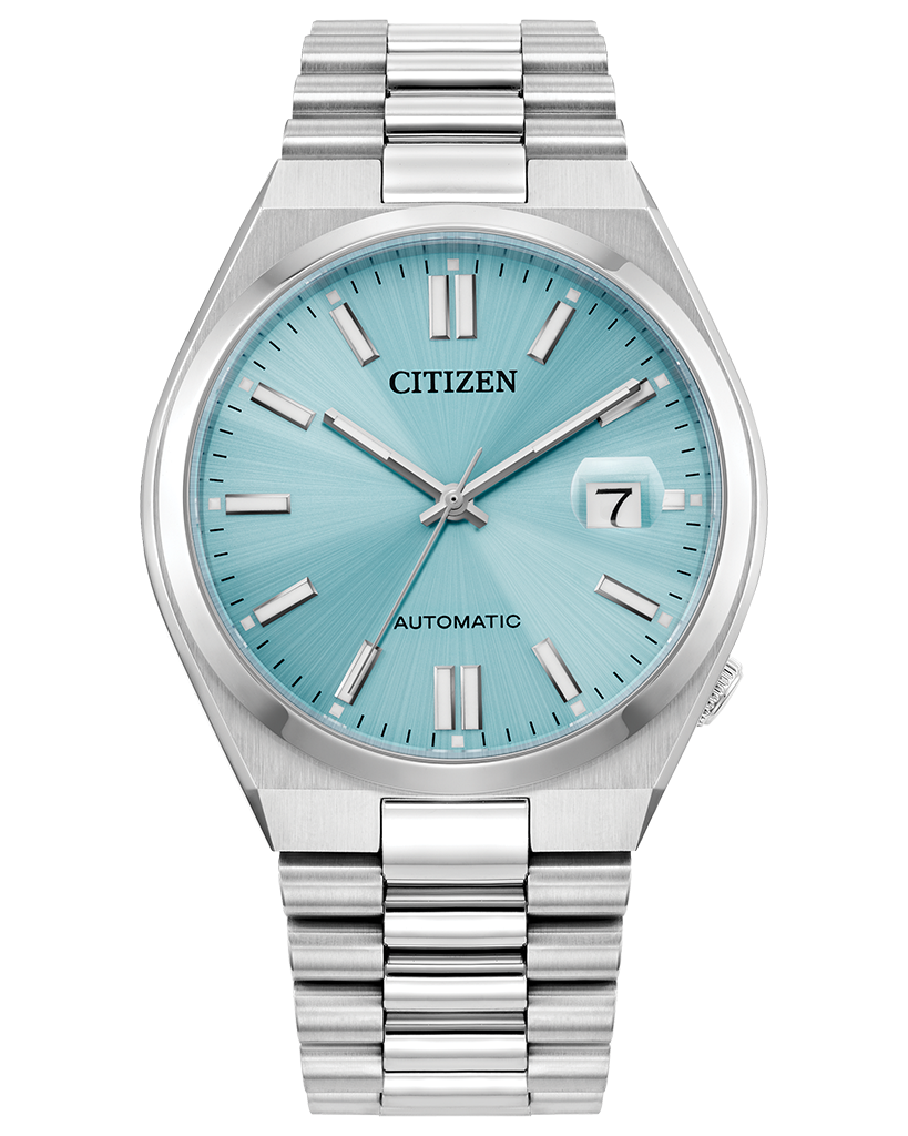 Citizen Tsuyosa NJ0151-53M, cadran bleu ciel avec loupe sur la date, boîtier 40mm et bracelet intégré acier.