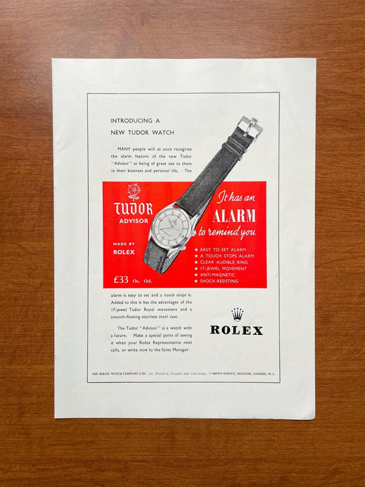 Publicidad de 1958 para el Tudor Advisor, mostrando el reloj despertador y el texto promocional destacando la alarma – Precio mostrado: £33 – Fabricado por Rolex