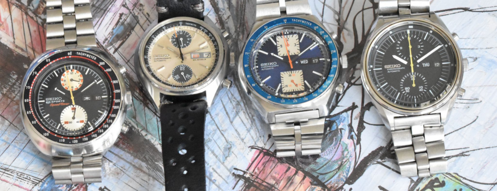 6138キャリバーを搭載したセイコーヴィンテージクロノグラフのパノラマ。1970年代に日本のブランドが提供したデザインの多様性を示している。